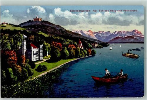 Berg Königliches Schloss Berg Votivkirche Starnbergersee Dampfschiff Ruderboot Tracht Berge Fahne Schilf