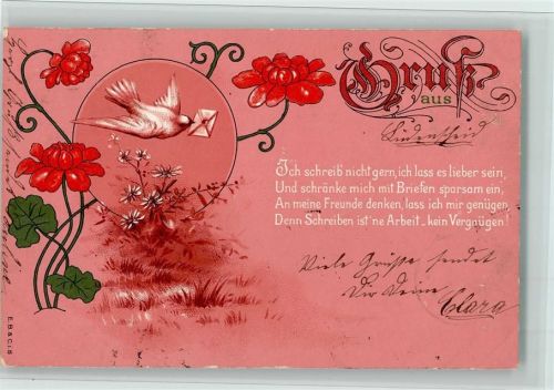 Taube mit einem Brief - Poesie Spruch AK Liebesbrief 1898 Lithographie