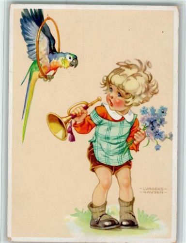 sign Lungers Hausen - Mädchen mit Tute und einem Papagei - Verlag Carl Werner Nr. 1028 AK Papagei 1948 Künstlerkarte