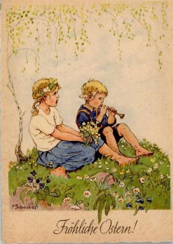 Ostern - Kinder mit einer Flöte , sehr gute Erhaltung AK