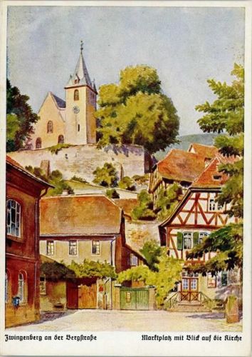 Zwingenberg 1938 Marktplatz - Aquarele von Künstlern Nr. 13 AK l