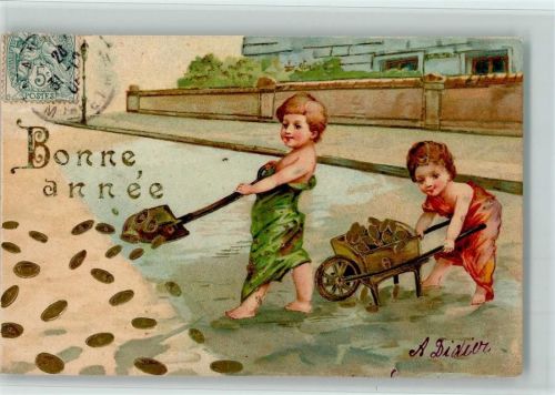 Bonne Annee - Neujahr - Kinder schaufeln Geld AK Geld auf AK Prägedruck