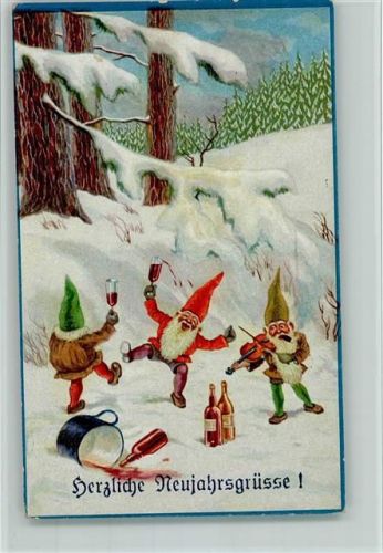 1927 Nr. 2232 Delila - Neujahr - Zwerge mit Geige, sie trinken Glühwein AK