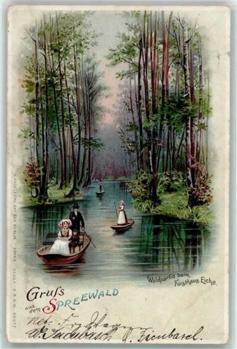 03222 O7543 Lübbenau 1900 Lithographie Waldpartie beim Forsthaus Eiche Männer und Frauen in Tracht Boote Ort Lt. Stempel