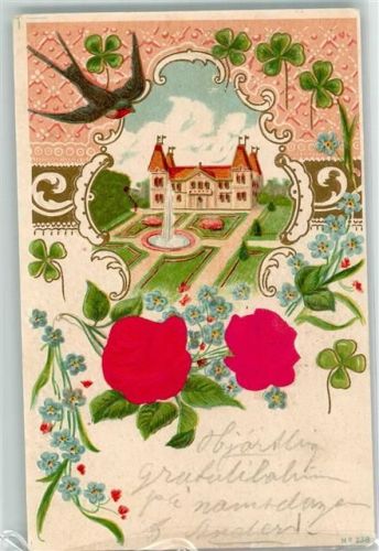 1902 Rosen mit echt Stoff Applikation Vergissmeinnicht Glücksklee Schloss