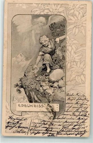 Jugendstil Schutzengel Edelweiss Frau will Alpenflora pflücken Gareis, F. 1902 Gebrauchsspuren