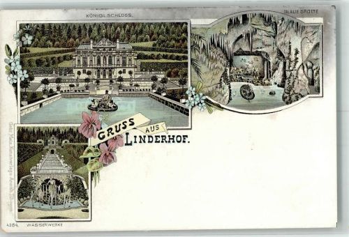 82488 W8107 Linderhof Gebrauchsspuren Schloss Wasserwerke Blaue Grotte Höhle Lithographie