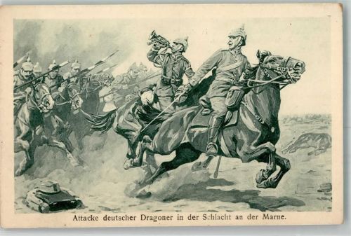 Verlag K. Voegels Nr. 43 WK I Attacke deutscher Dragoner in der Schlacht an der Marne Artillerie Trompete