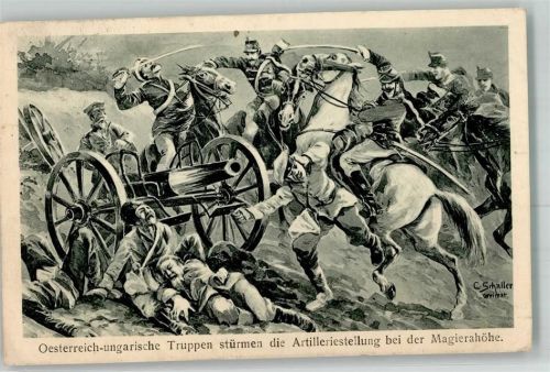 1915 Verlag K. Voegels Nr. 69 sign. Schaller WK I Österr.-ungar. Truppen stürmen die Artillerie bei der Magierahöhe