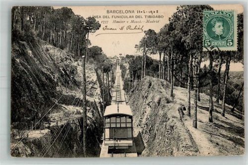 Barcelona 1908 Bergbahn Funicular del Tibiddabo Marke bildseitig