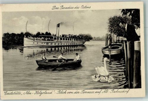 Rahnsdorf 1937 Binnenschiff auf der Müggel Gasthaus Neu-Helgoland Schwäne
