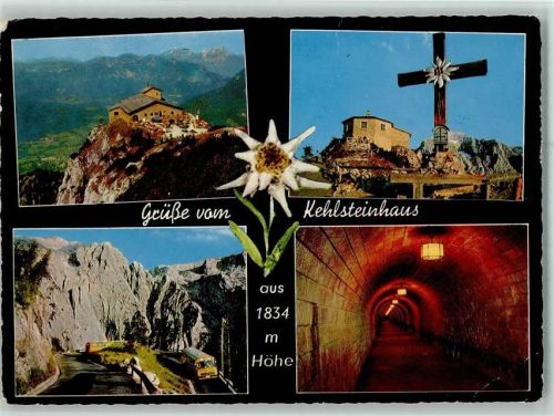 Kehlsteinhaus, Gipfelkreuz, Tunnel zum Lift AK Eckknick Omnibusse