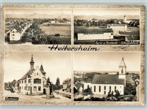 Heitersheim Ortsansicht Turn- u. Festhalle Schulgebäude Rathaus Kirche 4-Bildaufnahme