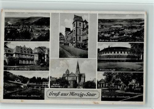 Merzig Blick vom Schwarzenberg Schloß von Fellenberg Schwimmbad Heilborn Stadthaus Kath. Pfarrkirche Blick ins Saartal Kreissparkasse Partie an der Kreuzkapelle Mehrfachaufnahme