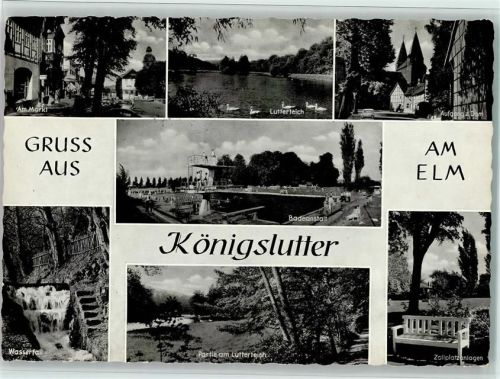 38154 W3308 Königslutter am Elm - Am Markt Lutterteich Aufgang zum Dom Badeanstalt Sprungturm Wasserfall Partie am Lutterteich Zollplatzanlagen