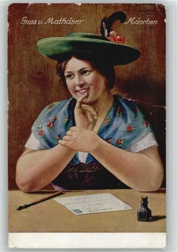 Mathäser München Bier - Tintenfaß und Tintenfeder 1915 AK Schreiben