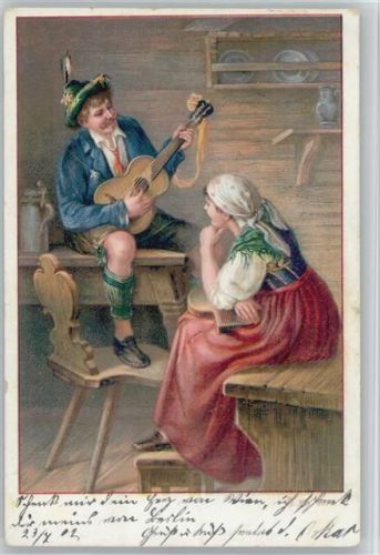 1902 Litho AK Gitarre und Zither spielen in der Bauernstube