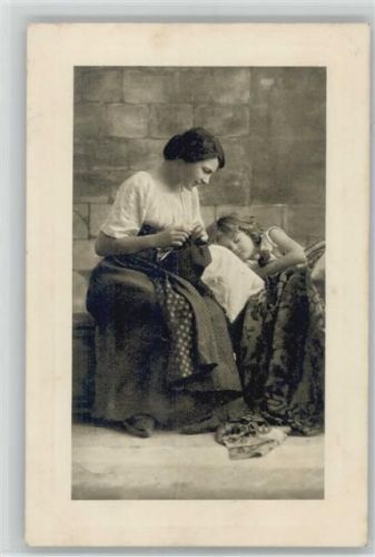 1909 Mutter wacht am Bett des Kindes und strickt