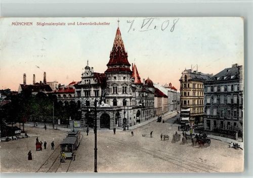 W8000 München Stiglmaierplatz, Straßenbahn , Litfaßsäule 1908 AK Löwenbräukeller