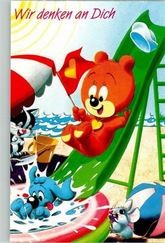 Bussi-Bär und Bello auf der Wasserrutsche