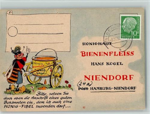 vermenschlichte Biene mit Honigtopf - 1956 Honighaus Bienenfleiss , Niendorf