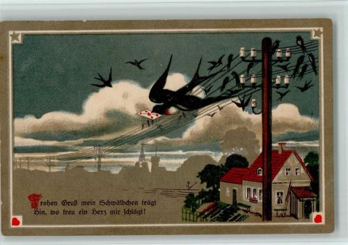S.V.D. Serie 3149-3 - Vers - Schwalben sitzen auf einer Stromleitung