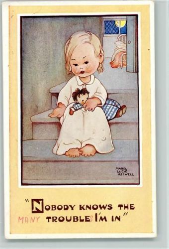 Valentines Card - sign Mabel Lucie Attwell - Kind weint mit seiner Puppe