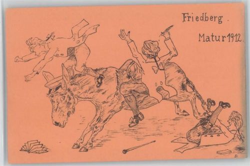 Friedberg Matur 1912 - orange AK - Humor vom Esel fallen
