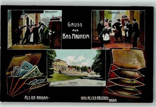 Bad Nauheim 1909 Ankunft - Abfahrt Geldbörse ist leer AK