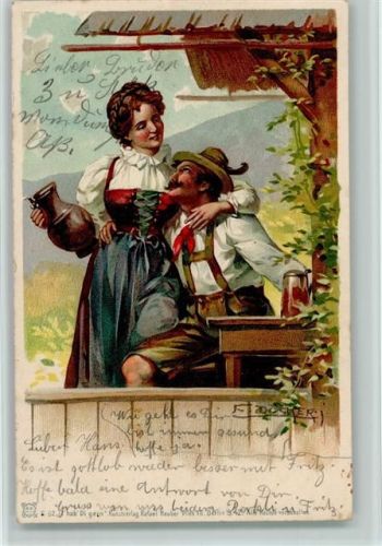 Serie 62 I hab di gern - Liebespaar, Frau mit Weinkrug, litho