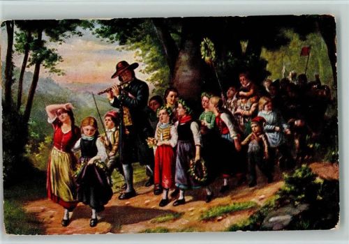 Der Spaziergang mit Kindern und Musikant sign E. Boettcher 1908 AK