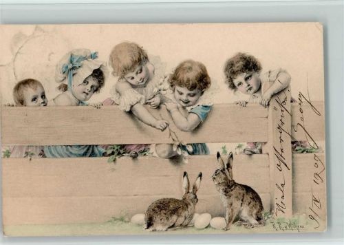 Kinder betrachten Hasen mit Ostereiern - Ostern - M.M. Vienne 1898 AK Wichera, R. R. v.