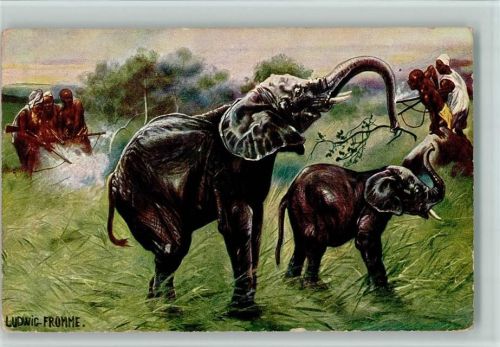 Elefanten Jagd AK gute Erhaltung Fromme, L. Künstlerkarte