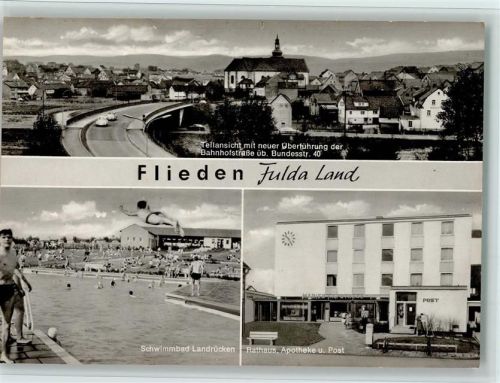 36103 W6403 Flieden Foto AK Schwimmbad, Rathaus, Apotheke, Post, gute Erhaltung AK