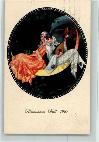 Alemannen Ball 1927 - Pierrot mit einer Laute sitzt auf einer Mondsichel - Stempel a.d. Vorderseite AK