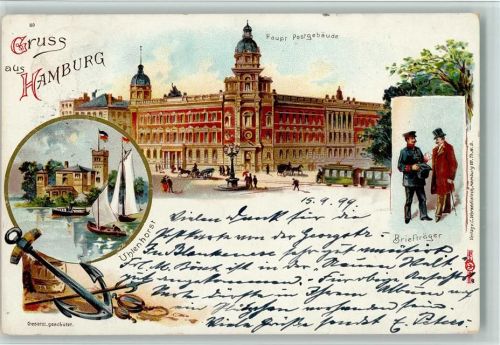 Hamburg 1899 Haupt-Postgebäude Briefträger Uhlenhorst Segelboote Anker 3-Bildaufnahme
