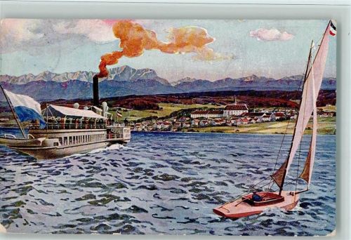 Dießen Ausflugsdampfer, Segelboot, Künstlerkarte v. Ottmar Zieher