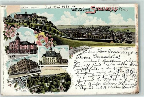 Stollberg 1899 Schloss Hoheneck Rathaus Postgebäude Realschule Progymnasium Bürgerscule Steinbruchanlagen Lithographie