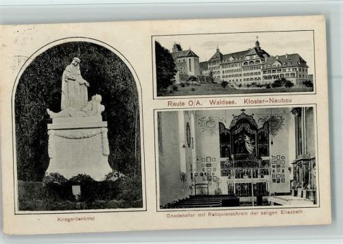 Reute 1930 Kriegerdenkmal, Kloster, Gnadenaltar AK Kl. Stempelspur