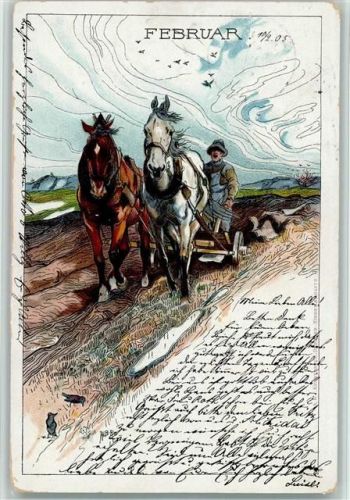 1905 Monatsblatt Februar Bauer mit Pflug Pferde sign
