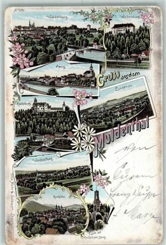 Wechselburg 1897 Muldenthal Waldenburg Wolkenburg Rochsburg Lunzenau Wechselburg Rochlitz Turm auf dem Rochlitzer Berg Lithographie