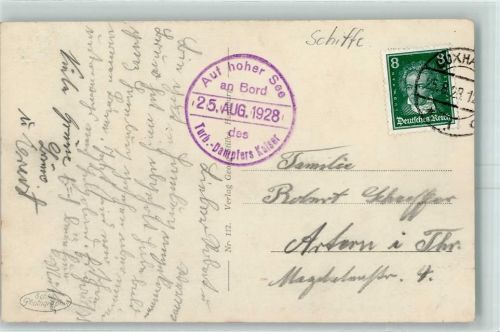 Bordstempel Auf hoher See 25. Aug. 1928 Dampfer Kaiser Stempel: Cuxhaven 25.8.1928