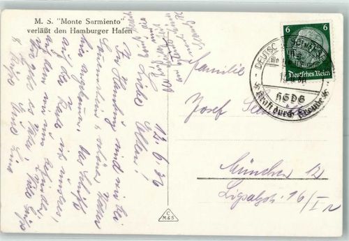 Hamburg Dt. Schiffspost Kraft Durch Freude MS Monte Sarmiento 13.6.1936 und Bild Hafen mit M.S. Monte Sarmiento