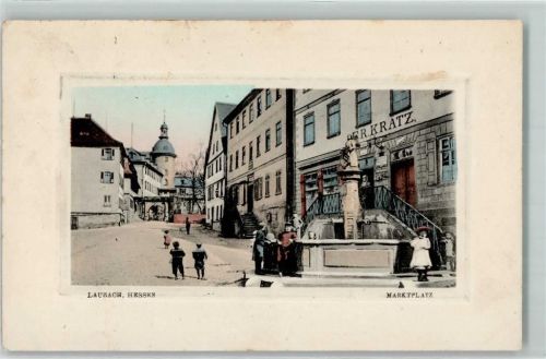 Laubach 1916 Marktplatz Brunnen Kinder Turm Fr. Kratz
