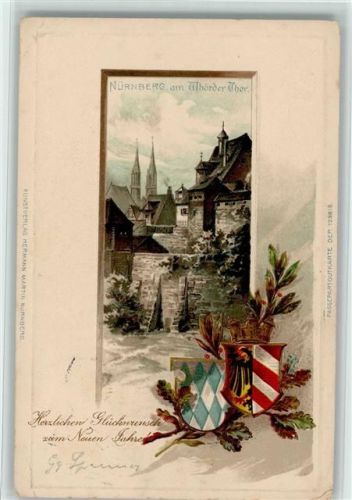 Nürnberg Wöhrder Tor Eichenlaub Lithographie/Prägedruck