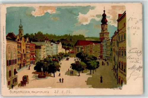 Burghausen Hauptplatz Stadtwache Brunnen Kutsche Kirche sign.