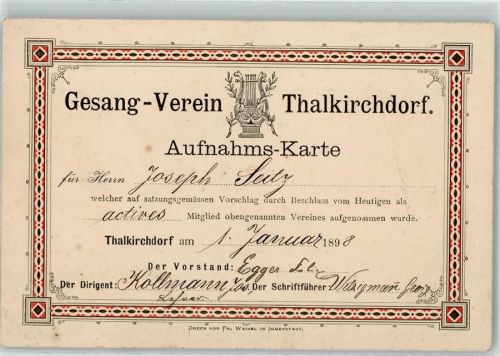 87534 W8974 Thalkirchdorf 1898 KEINE AK Gesangs Verein Aufnahmekarte für Joseph Seitz