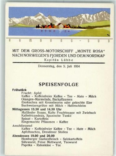 Speisekarte 5. Juli 1934 AK