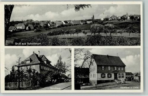 Schollbrunn 1951 Schule, Gasthaus zur Linde AK