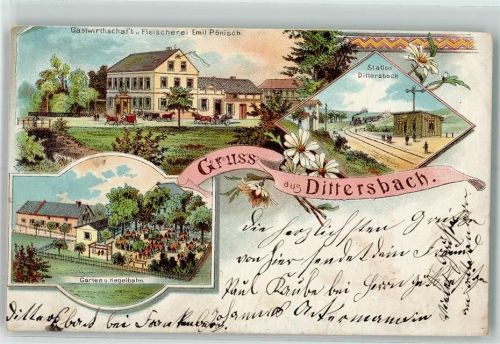 Dittersbach Lithographie Vorläufer Druck 1890-1895 Gastwirtschaft Fleischerei Emil Pönisch Station Dittersbach Garten Kegelbahn
